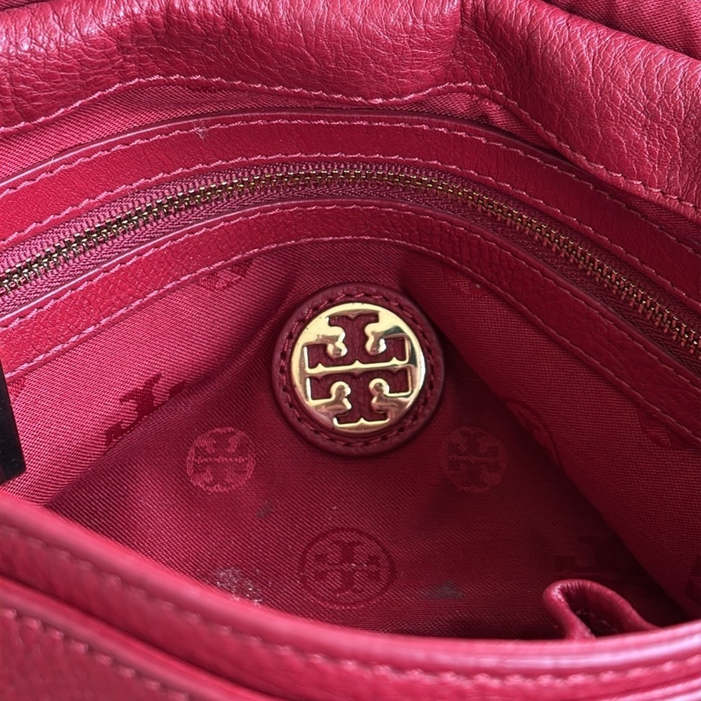 Tory Burch Genuine Leather Red Saddle Bag Gold Tone Chain Woven Shoulder Purse - Picture 13 of 16